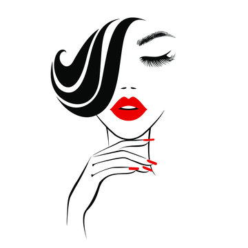recommend clip art: Beautiful sexy face, red lips, hand with red manicure nails, fashion woman, element design, nails studio, curly hairstyle, hair salon sign, icon. Beauty Logo. Vector illustration. Hand drawing style.
