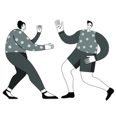 Friends arguing each other. Two persons discussing about life. Scene of family conflict. Bad relashionship. Quarrel. Vector illustration.