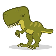Vector drawing of a smiling green Tyrannosaurus Rex with big teeth and claws, drawn in flat colors with simple lines and isolated on white with a shadow.