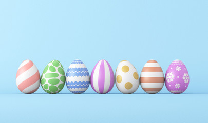 Fototapeta premium Set of easter eggs on a blue background. 3d render illustration.
