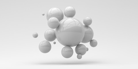 Flying spheres on a white background. 3d rendering. Illustration for advertising.