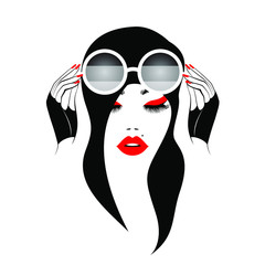 Fashion woman is keeping stylish sunglasses, red lips, hands with red manicure nails, black long hairs. Beauty logo. Summer pattern. Wallpaper print, background. Vector illustration.