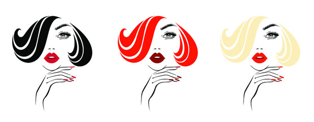 Beautiful woman, red lips, hand with red manicure nails, fashion woman, nails studio, red hairstyle, hair salon sign, icon. Beauty Logo. Vector illustration. Hand drawing.