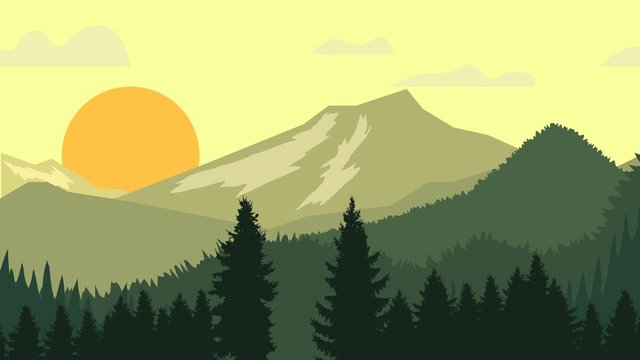 Animated cartoon background. Looped animation of mountain landscape with pine trees. Flat footage with parallax effect. side view
