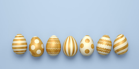 Set of white easter eggs with golden pattern on a blue background. 3d render illustration.