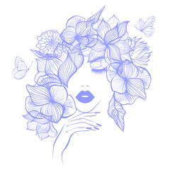 Beautiful woman face red lips, hand with red manicure nails. Beauty Logo. Vector illustration, diadem flowers, butterflies, floral motive, abstract flowers, spa salon, sign, symbol, nails studio.