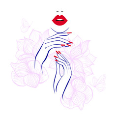 Red lips, hand with red manicure nails. Beauty Logo, nails art. Vector illustration, diadem flowers, butterflies, floral motive, abstract flowers, spa salon, sign, symbol, nails studio.