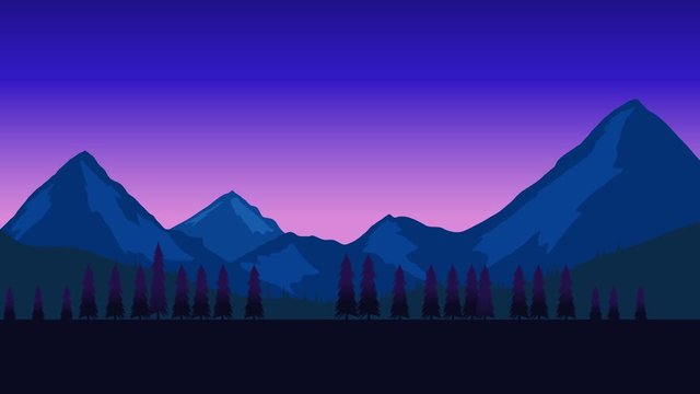 Animated cartoon background. Looped animation of mountain landscape with pine trees. Flat footage with parallax effect. side view