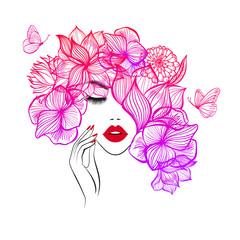Beautiful woman face red lips, hand with red manicure nails. Beauty Logo. Vector illustration, diadem flowers, butterflies, floral motive, abstract flowers, spa salon, sign, symbol, nails studio.
