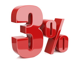 3d render illustration. Red three percent on a white background.