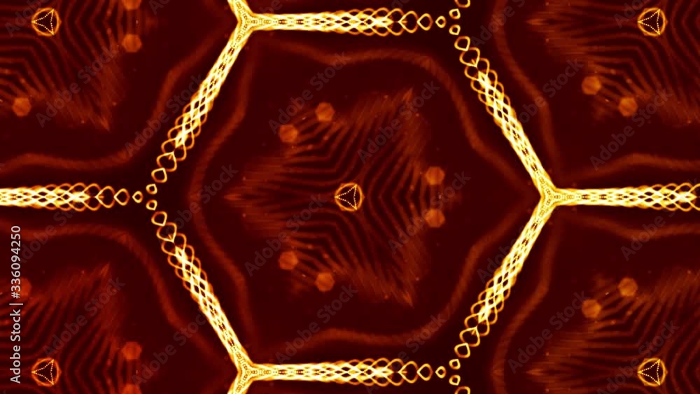 Poster abstraction of microworld of nanotechnology. 4k looped sci-fi 3d background with glow gold particles