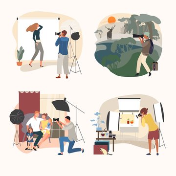 Studio or outdoor photographer vector illustration. Cartoon flat adult people with camera make photo, man woman character take angle. Studio outdoor commercial photography set isolated on white