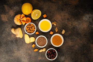 Healthy products to increase immunity are located in the center. Vegetables and fruits to strengthen the immune system. Top view, copy space.