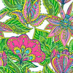 Materiał do szycia Fantastic flowers seamless background. Traditional Indian batik backdrop.