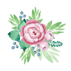 Watercolor Flowers. Roses Bouquet. Pink Roses and Blue Berries. Floral illustration. Leaves and buds. Pink flowers. Blue Berries. Botanic composition for wedding or greeting cards - 336096001