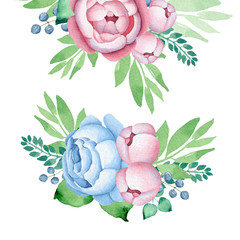 Watercolor Flowers. Roses Bouquet. Pink and Blue Roses. Floral illustration. Leaves and buds. Pink flowers. Blue Berries. Botanic composition for wedding or greeting cards
- 336096022