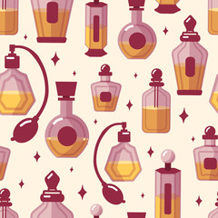 Vector seamless pattern with different colorful perfume bottles on white background.