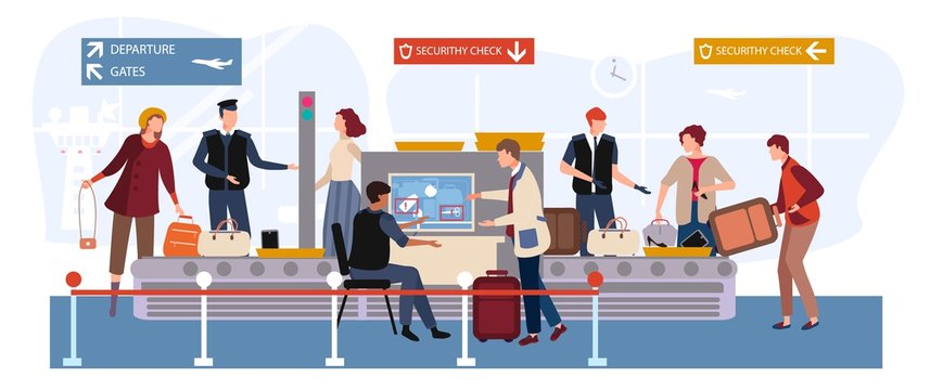 People in airport vector illustration. Cartoon flat man woman travel characters with baggage passing through scanner and security checkpoint, passengers airline in airport terminal waiting flight