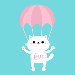White cat skydriver. Flying with parachute. Cute cartoon kawaii funny character. Love Parachuting skydiving sport. Pet baby print collection. Happy Valentines Day. Flat design. Blue background.