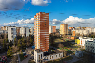 Russia, Moscow, Troitsk - Cityscape view from the high on  Mikroraion V street - district of town TINAO region in sunny day