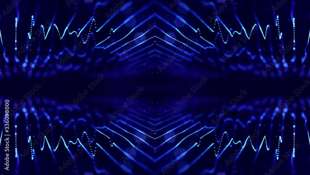 Poster 4k looped sci-fi 3d abstract animation. glow blue particles form lines, symmetrical structures like 