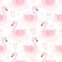 Cute swan in the lake seamless pattern background
