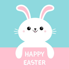 Happy Easter. Rabbit bunny. Cute cartoon kawaii funny smiling baby character. White farm animal. Blue background. Isolated. Flat design