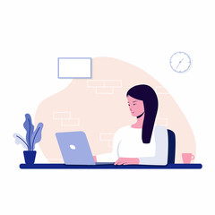 Woman sitting on the chair working on the laptop. freelancer home workplace. vector flat illustration.