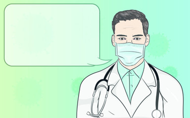 portrait of a doctor, coronavirus,doctor in medical mask,speech bubble