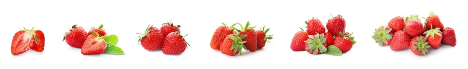Set of ripe strawberries on white background. Banner design