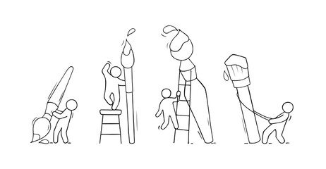 Sketch set with people and brushes.