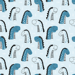 Cartoon Cute Dinosaurs Vector Seamless pattern for Children. Childish Background with Doodle Striped Dinosaur. Animal vector illustration. Design for kids
