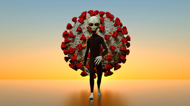 Grey Alien and Coronavirus 3D illustration