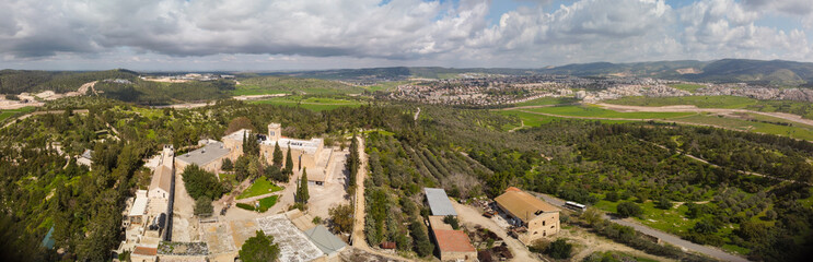 Fototapeta na wymiar Wide panorama of monastery Beit Jamal from the sky