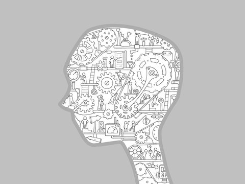 Human head with gears. Head thinking. Flat illustration.