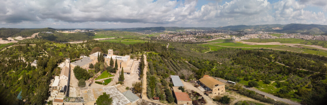 Wide panorama of monastery Beit Jamal from the sky