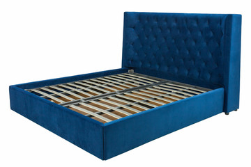 large blue bed without mattress on a white background