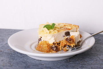 Piece of carrot cake with cottage cheese souffle