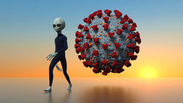 Grey Alien and Coronavirus 3D illustration