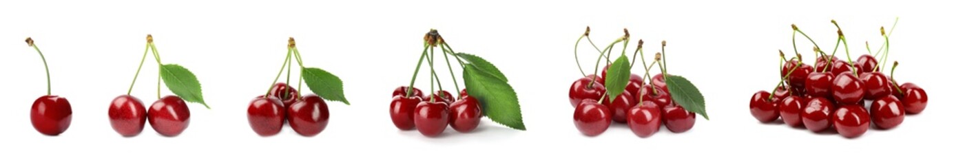 Set of ripe cherries on white background. Banner design