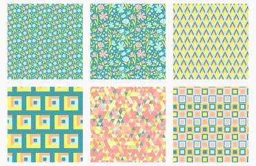 Trendy Colorful Seamless Patterns, collection. Floral and geometric prints