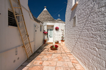 Fototapeta na wymiar Panoramic view of the streets with the characteristic trulli of the town of Alberobello in Puglia, Italy.