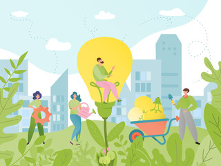 Idea generation business concept vector illustration. People cartoon characters ideally generate creative solutions. Garden with light bulb. Man, woman with scoop and watering can. Brainstorming team.