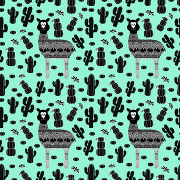 Composite illustration vector of a pattern with an image of a llama and a cactus. Children's black and white picture print. seamless.