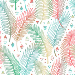 Tropical Palm Tree Leaves with Geometric Shapes Vector Seamless Pattern. Palm Leaf Sketch with triangles, rhombuses and circles. Summer Floral Background. Tropical Plants Wallpaper
