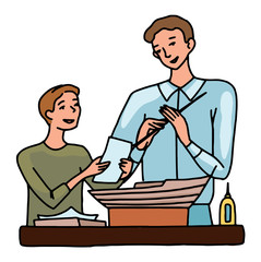 Hand drawn vector illustration. Father and son are building a ship model. Good pastime with children. Home hobby, vacation concept. Colored cartoon drawing isolated on white. Doodle, flat simple style