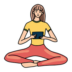 Hand drawn vector illustration. The young girl sits in a lotus position and looks in the gadget. Calm and comfort concept. Colored cartoon graphic drawing isolated on white. Doodles, flat simple style