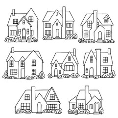 Set of various lovely country houses. Collection of hand drawn vector illustration in minimalistic flat style. Contour drawings isolated on white. For design, cards, print, coloring, posters, sticker.