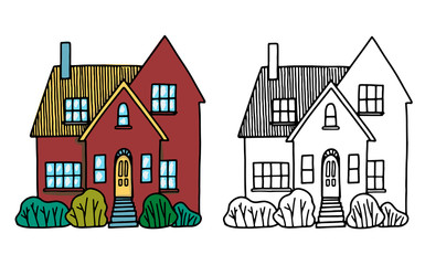 Cozy home, homestead, cottage. Hand drawn vector flat illustration. Set of contour and color drawing isolated on white. Doodles element for design, print, sticker, coloring. Vintage, outline, cartoon.
