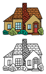 Cozy home, homestead, cottage. Hand drawn vector flat illustration. Set of contour and color drawing isolated on white. Doodles element for design, print, sticker, coloring. Vintage, outline, cartoon.